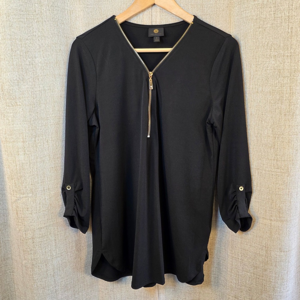 JM Collection Black Gold Zipper V-Neck Blouse Womens M 3/4 Roll-Tab Sleeve Tunic